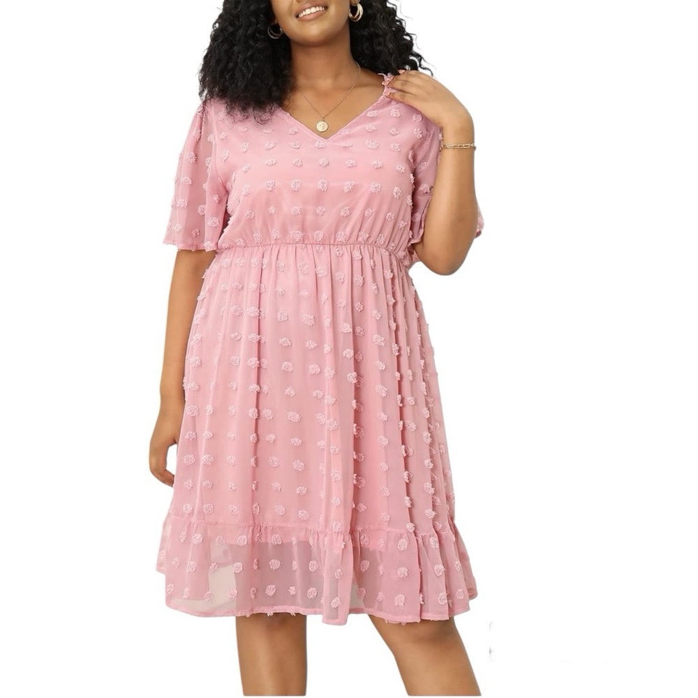 NWT Dress Chiffon Swiss Dot Midi V Neck Short Bell Sleeves Flowy Plus Si… - Picture 2 of 8